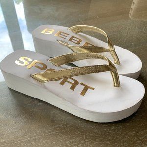 bebe Sport White & Gold Flip Flops Thongs NWT